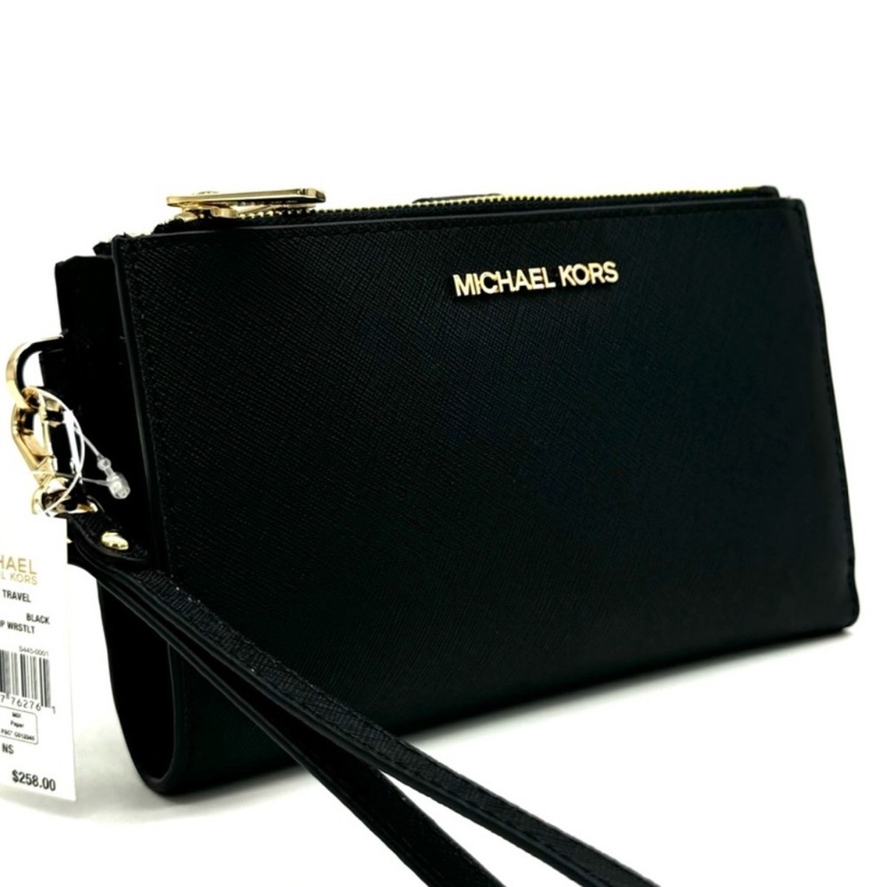 Michael Kors Large Double Zip Wallet Wristlet Black/Gold - Picture 4 of 9